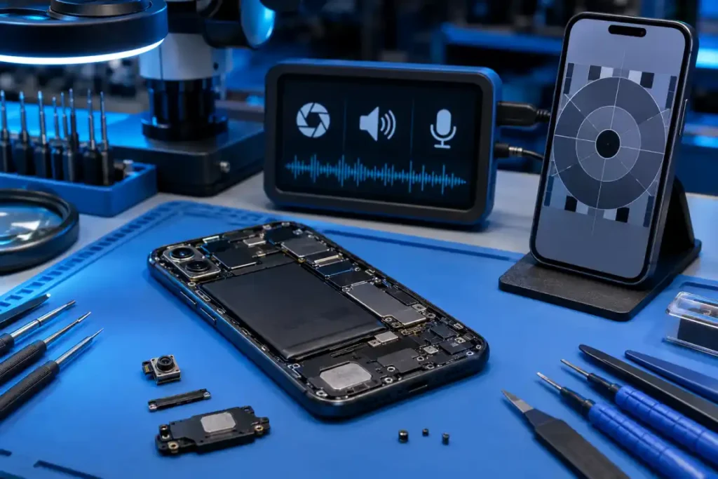 Phone camera, speaker and microphone diagnostics at a repair workshop in Gisborne