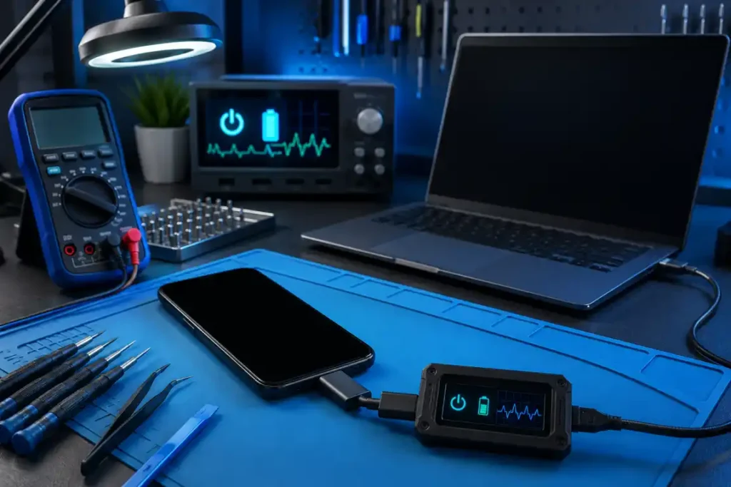 Inactive phone and laptop undergoing battery, charging and power diagnostics in Gisborne