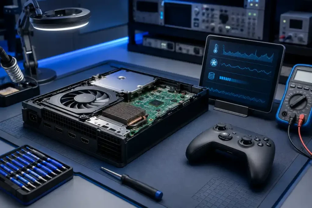 Open gaming console undergoing cooling, storage and performance diagnostics in Gisborne