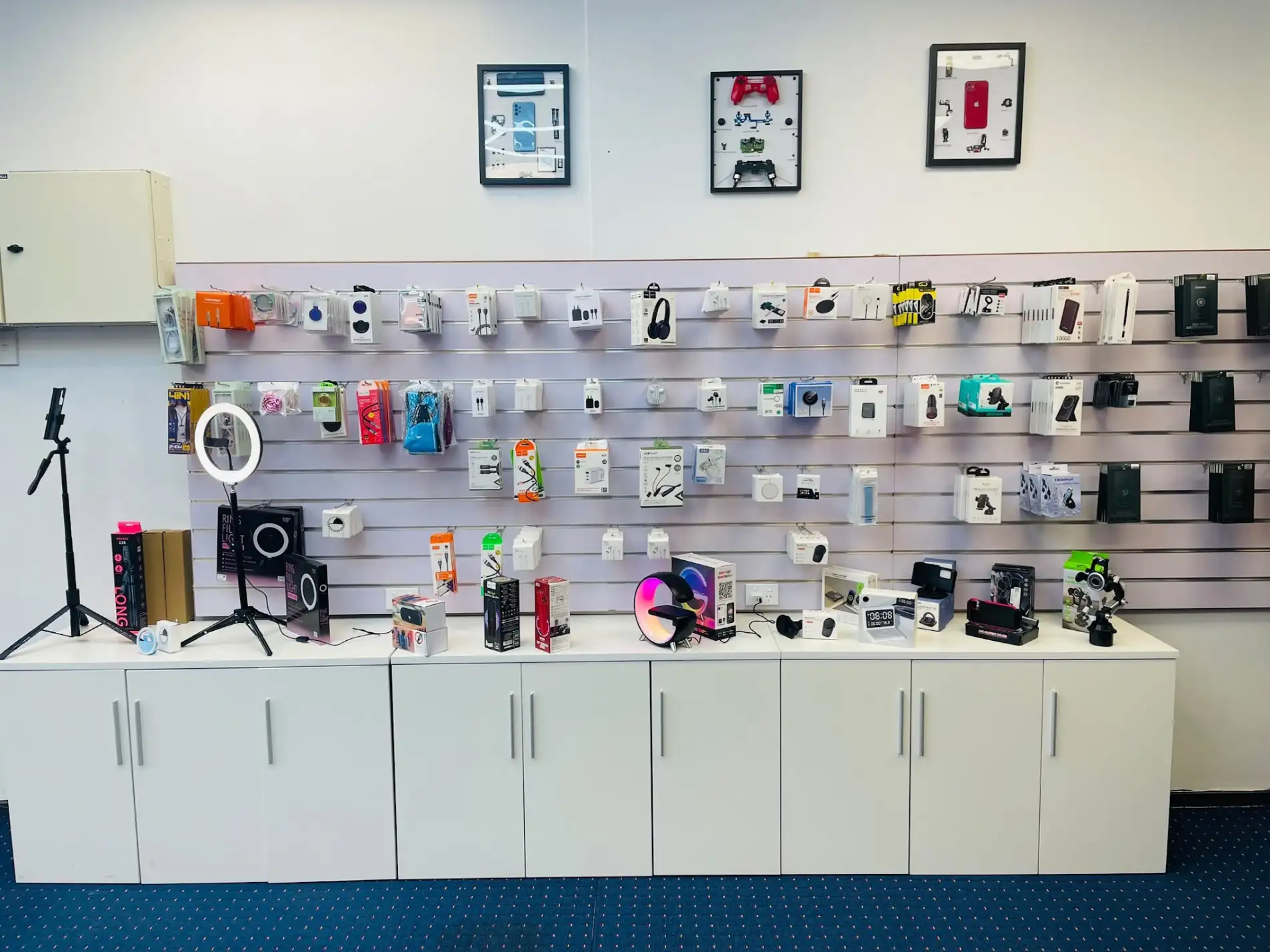 Phone and technology accessories displayed inside Gisborne Tech Repair Hub