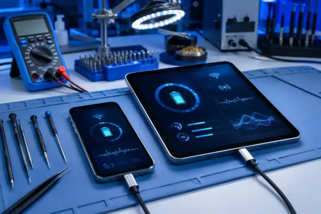 Phone and tablet undergoing battery, connectivity and performance diagnostics in Gisborne