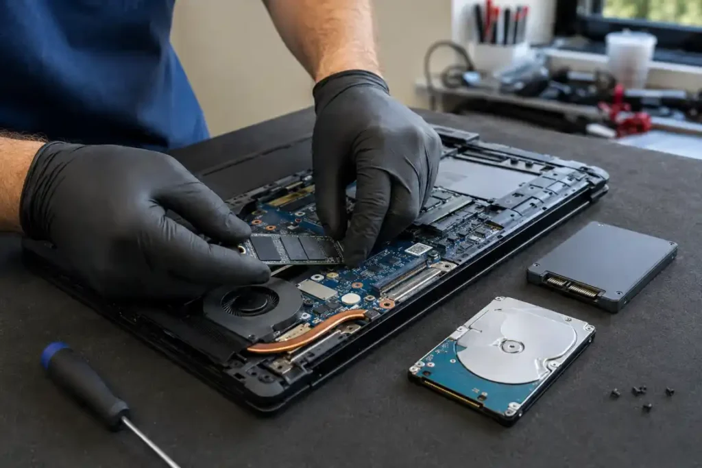 Technician installing an SSD storage upgrade in an open laptop in Gisborne
