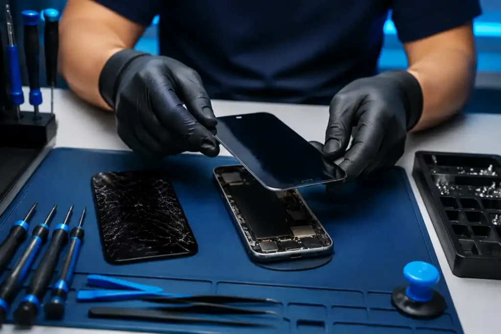 Technician replacing a cracked smartphone screen