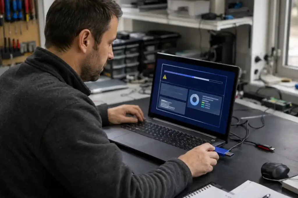 Technician diagnosing software and operating-system problems on a laptop in Gisborne