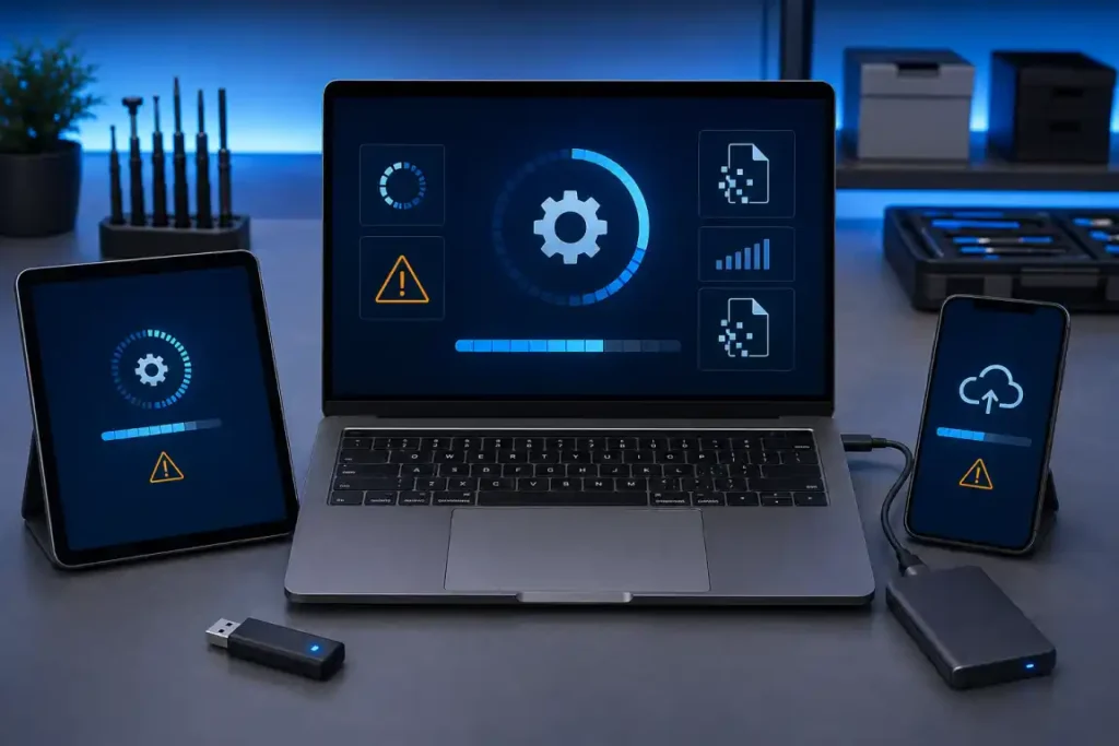 Laptop, tablet and phone displaying software and operating-system recovery problems