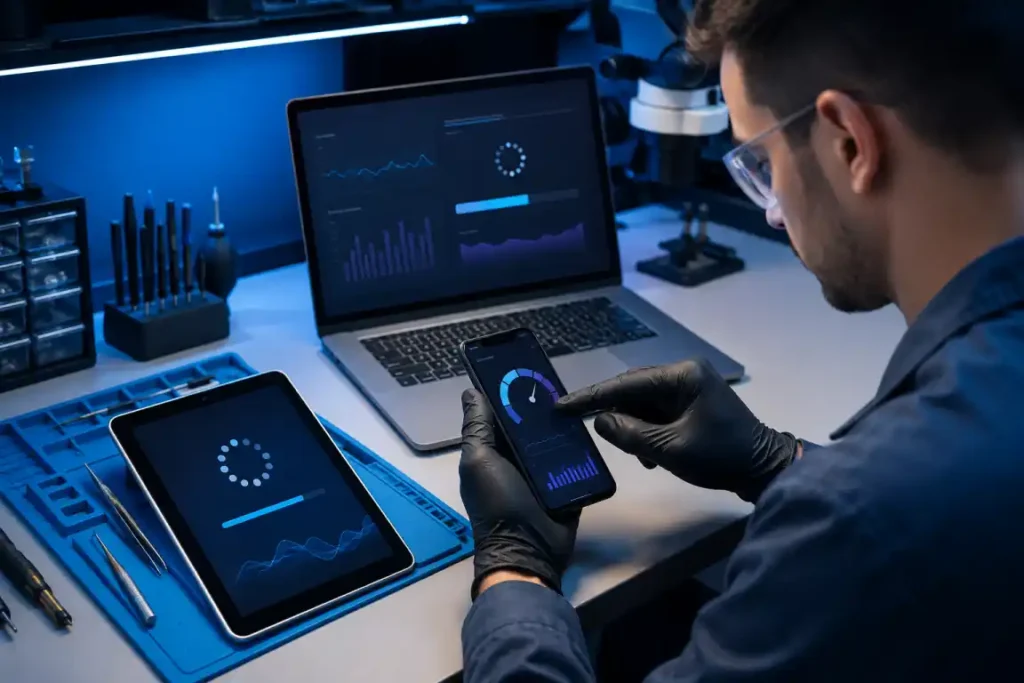 Technician diagnosing software and performance problems on a phone and tablet