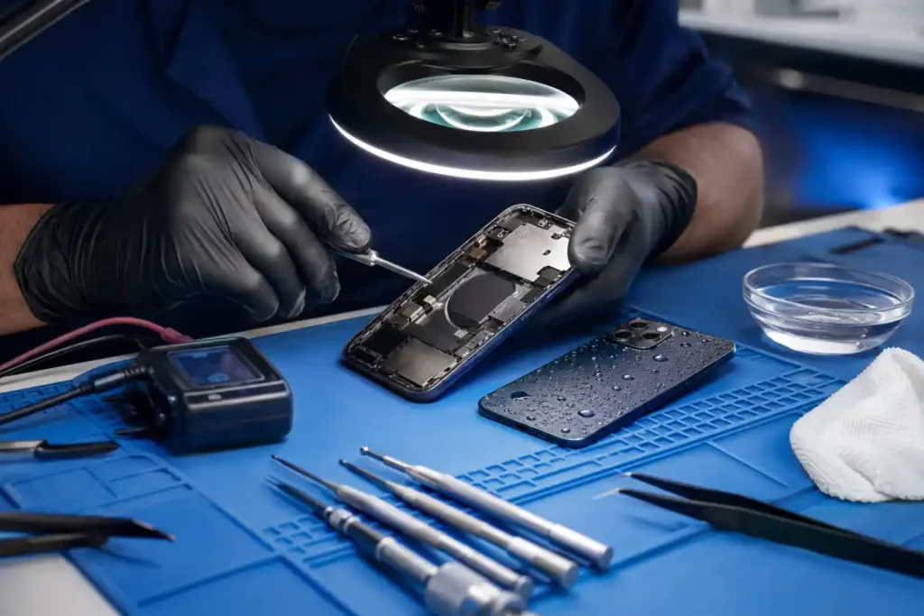 Technician assessing a water-damaged smartphone