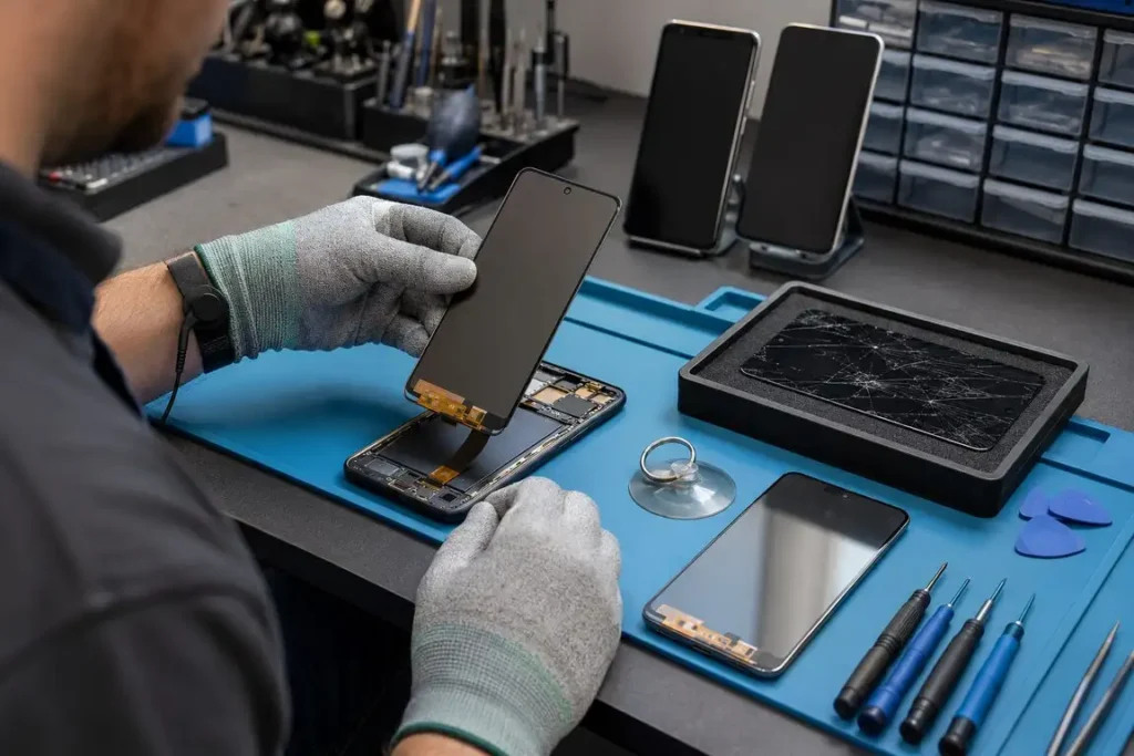 Technician safely installing a replacement display on a modern smartphone.