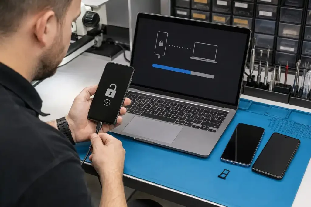 Technician providing authorised Android phone unlocking and account-recovery assistance.
