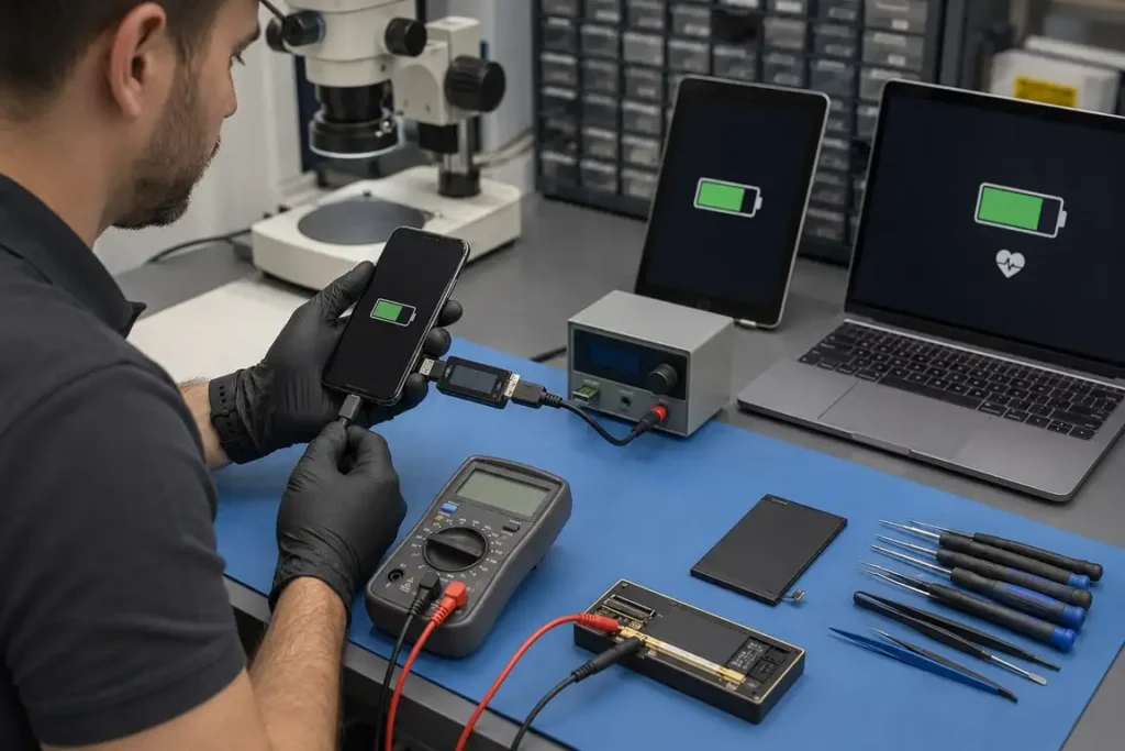 Technician testing smartphone charging performance and battery health using professional diagnostic equipment.