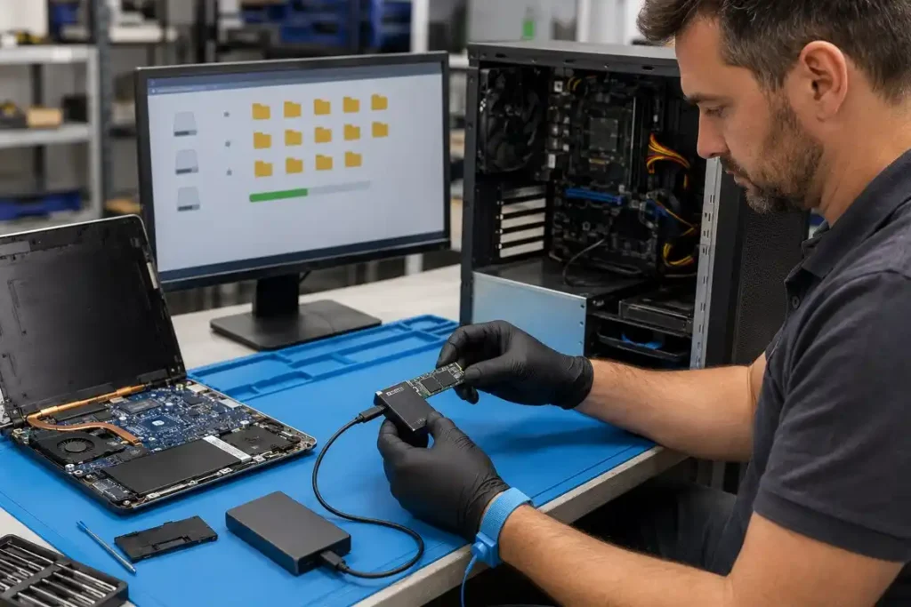 Technician recovering data from a computer and laptop storage drive.