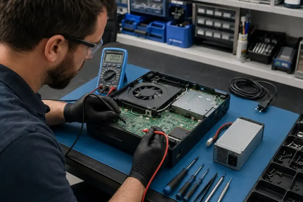 Technician diagnosing a gaming console that is not turning on at a repair workshop.