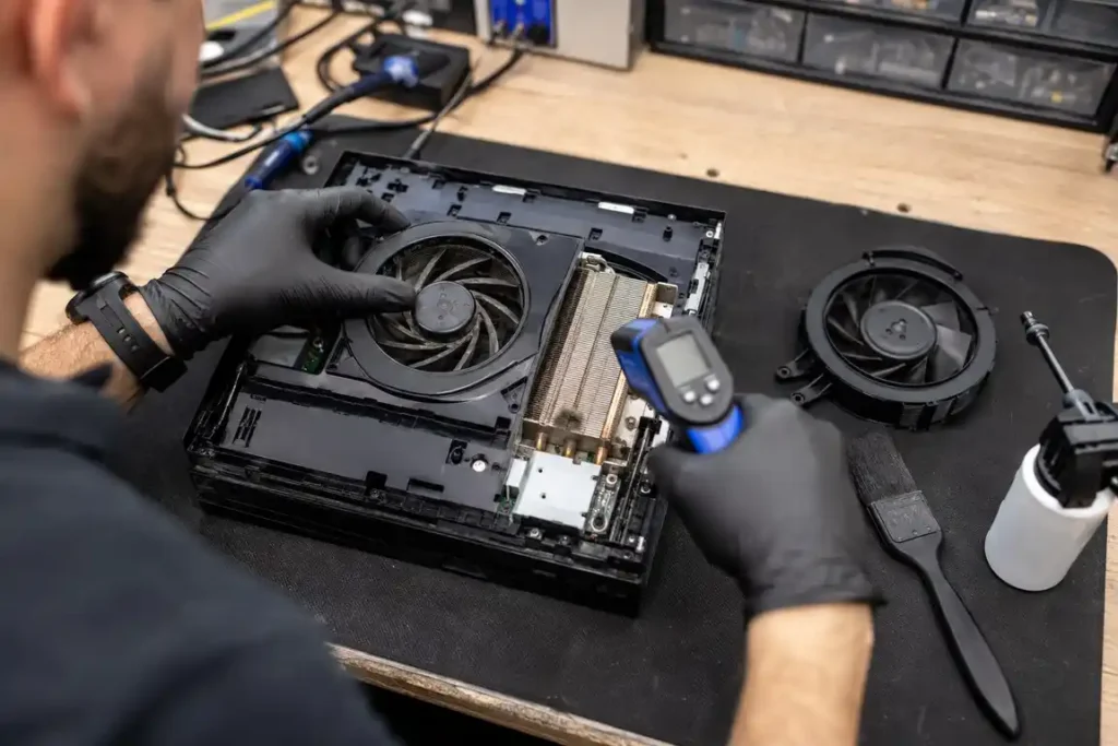 Technician diagnosing an overheating gaming console and dusty cooling fan in Gisborne