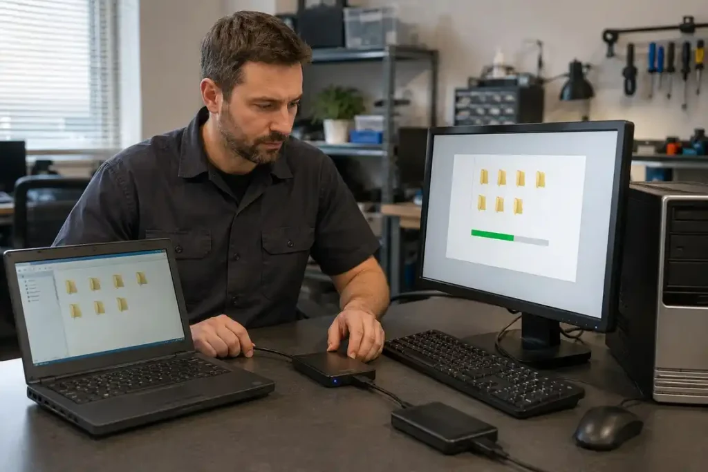 Technician transferring files from an old laptop to a new desktop computer.