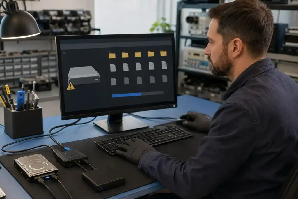 Technician recovering deleted files from an accidentally formatted computer drive.