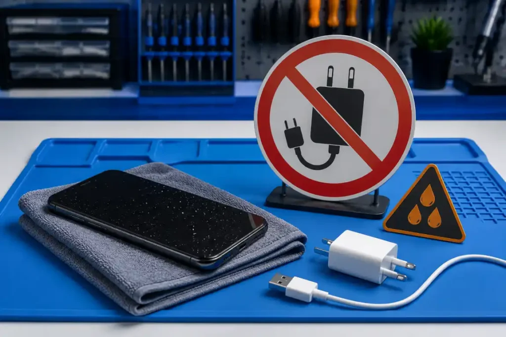 Wet phone switched off beside a disconnected charger and do-not-charge warning sign