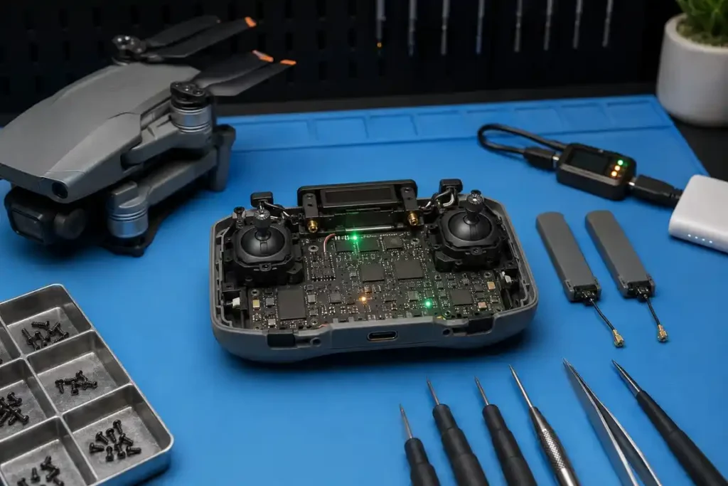 Open drone controller undergoing circuit-board, antenna and connection diagnostics on a professional repair bench in Gisborne.