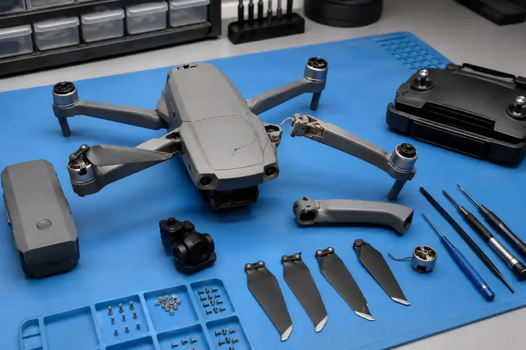 Crash-damaged camera drone with a broken arm, damaged propeller and replacement parts on a professional repair bench in Gisborne.