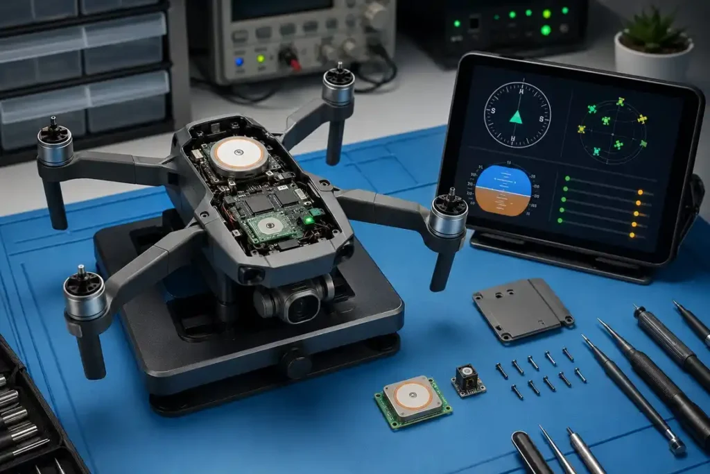 Open camera drone undergoing GPS, compass and flight-stability diagnostics on a professional repair bench in Gisborne.