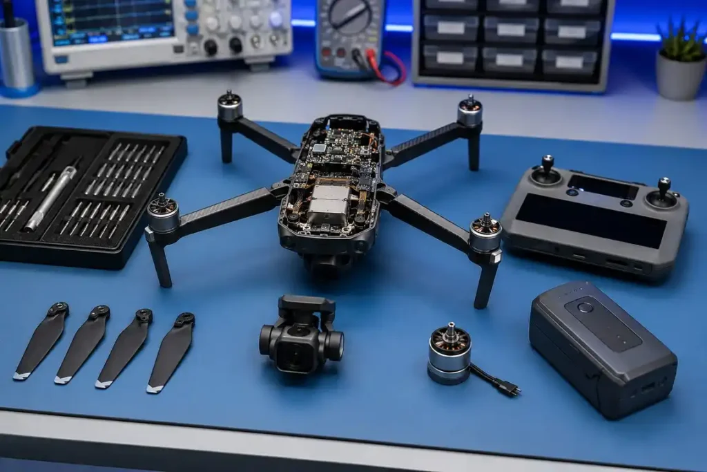 Disassembled camera drone with controller, replacement propellers, motor and repair tools in a Gisborne workshop