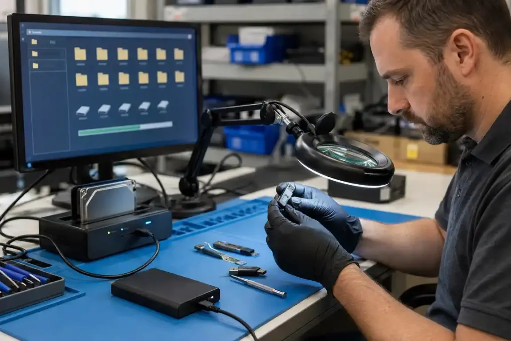 Technician recovering files from an external hard drive and USB flash drive.