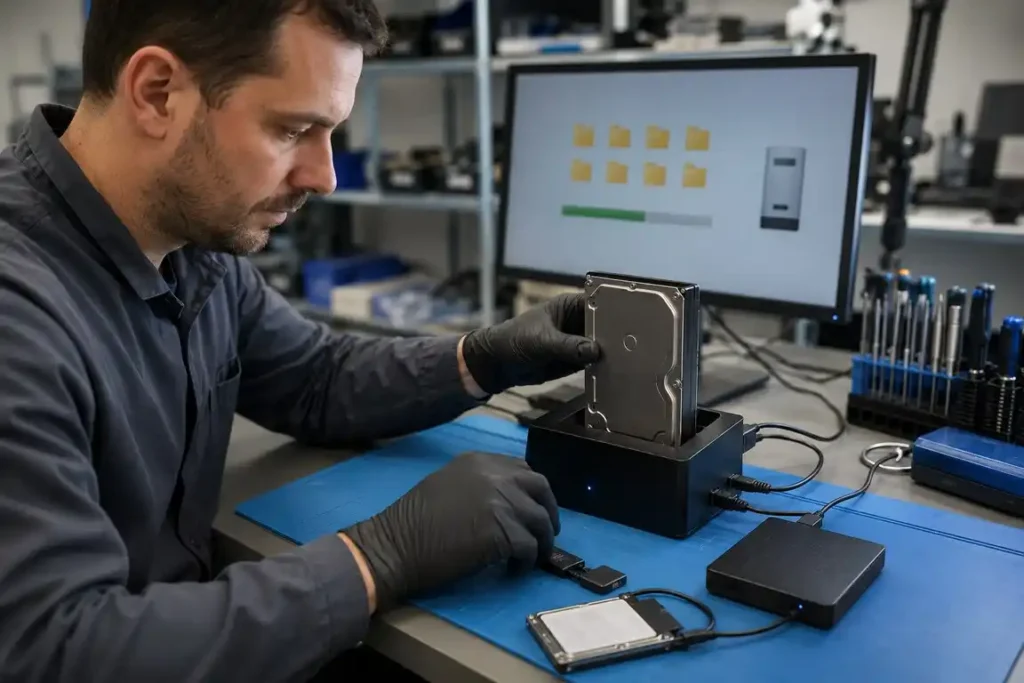 Technician recovering files from a hard drive using professional data-recovery equipment.