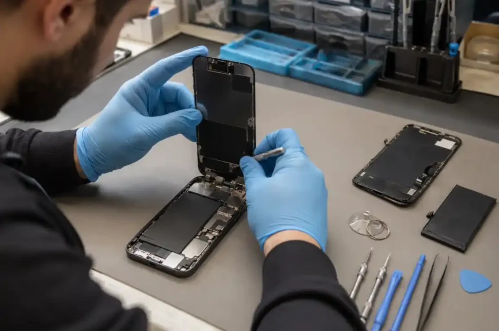 Technician repairing an opened iPhone-style smartphone at a repair shop in Gisborne