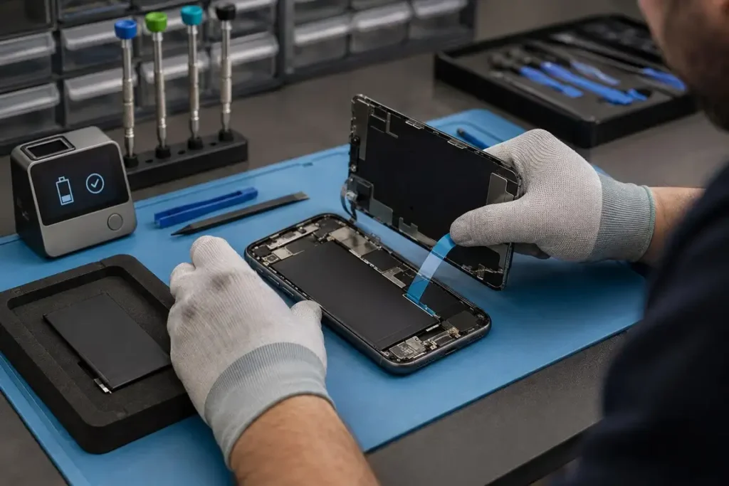 Technician safely installing a replacement battery in an iPhone-style smartphone.