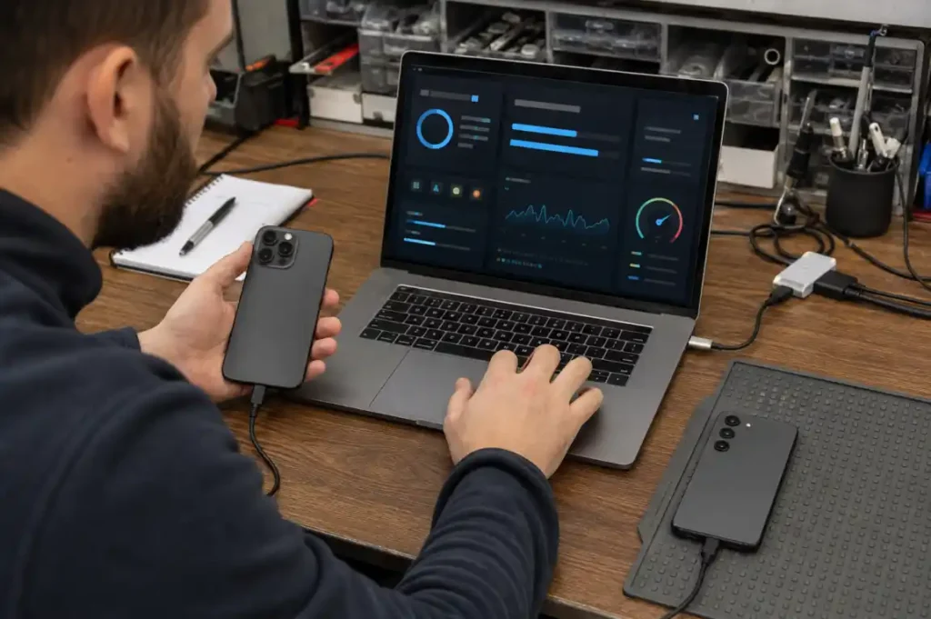 Technician diagnosing iPhone and Samsung software and performance problems in Gisborne