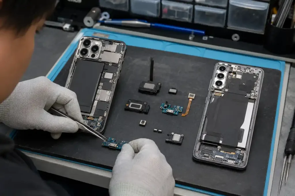 Technician repairing speaker and microphone components in iPhone-style and Samsung Galaxy-style phones