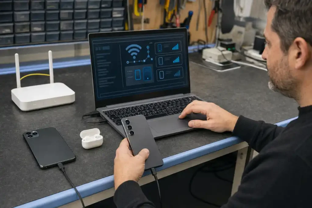 Technician diagnosing Wi-Fi and Bluetooth problems on iPhone and Samsung phones in Gisborne