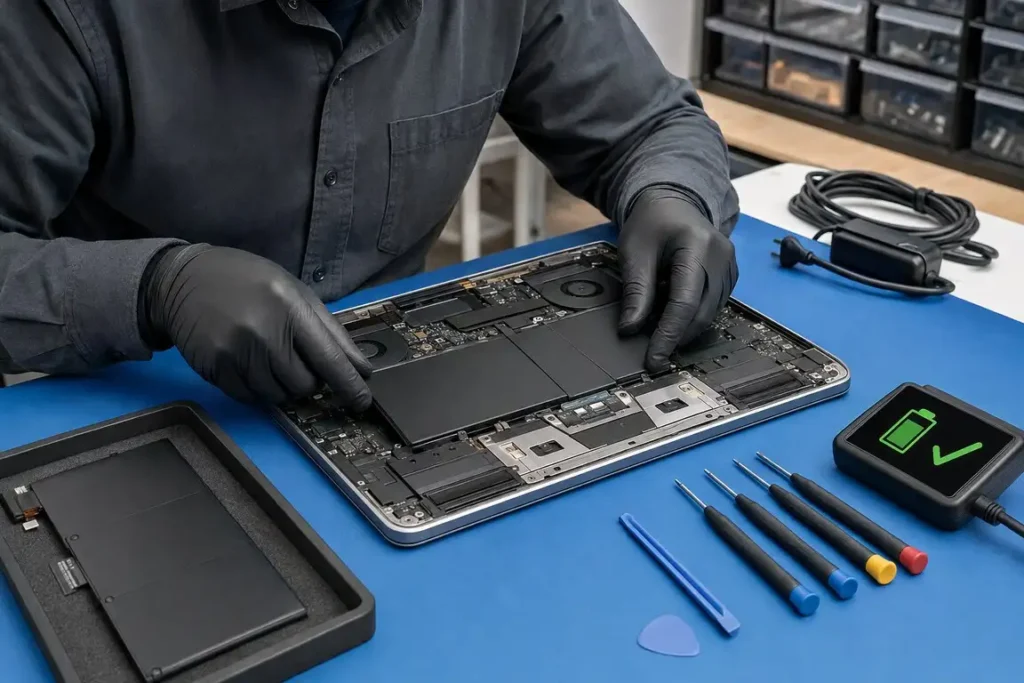 Technician safely installing a replacement battery inside an unplugged laptop.