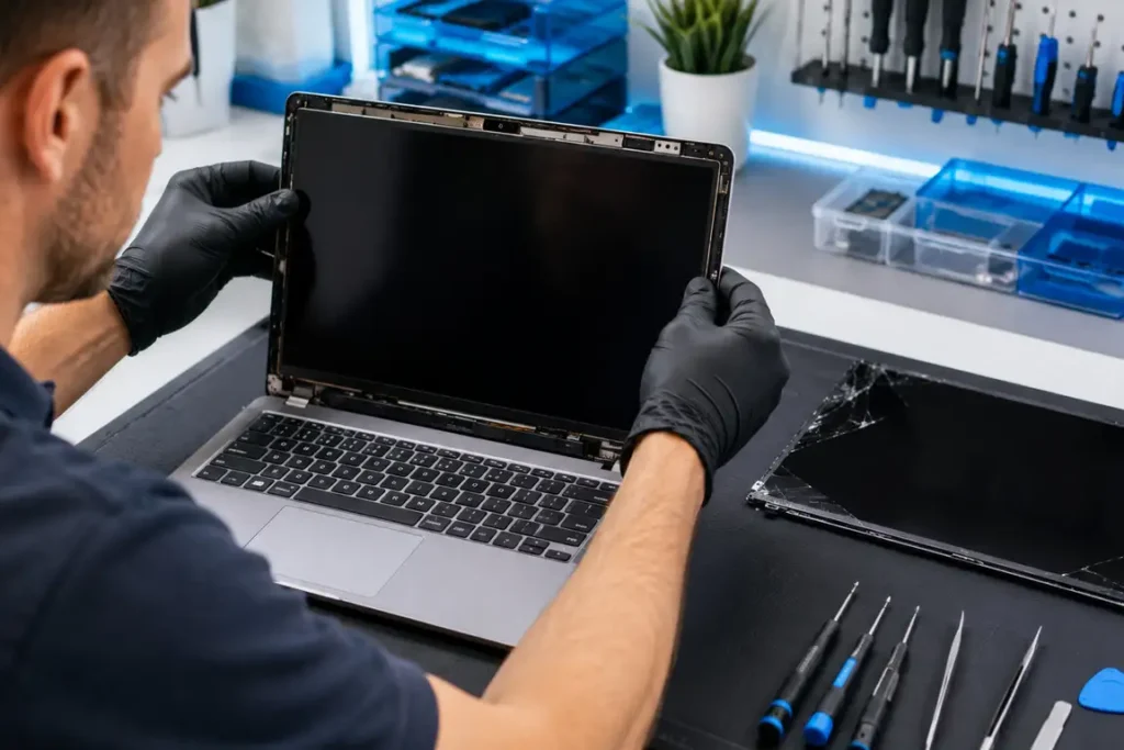 Technician replacing a damaged laptop screen at a computer repair workshop in Gisborne