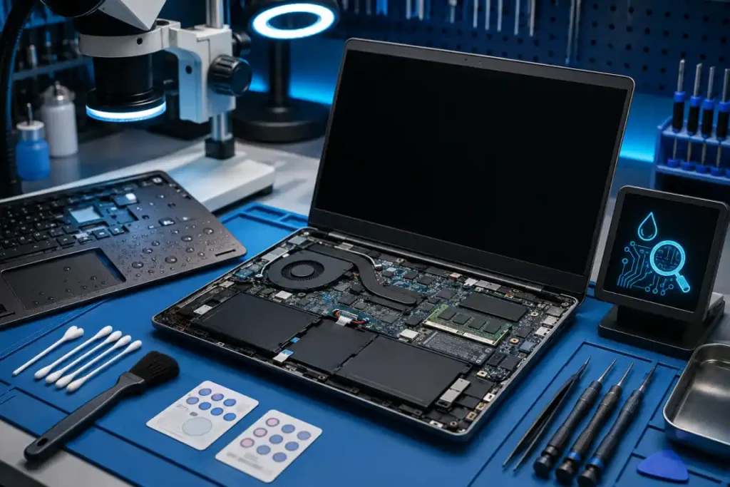 Water-damaged laptop undergoing professional internal moisture inspection in Gisborne