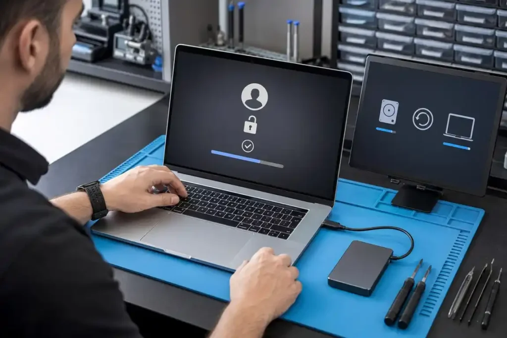 Technician providing authorised MacBook password recovery and system-restoration assistance.