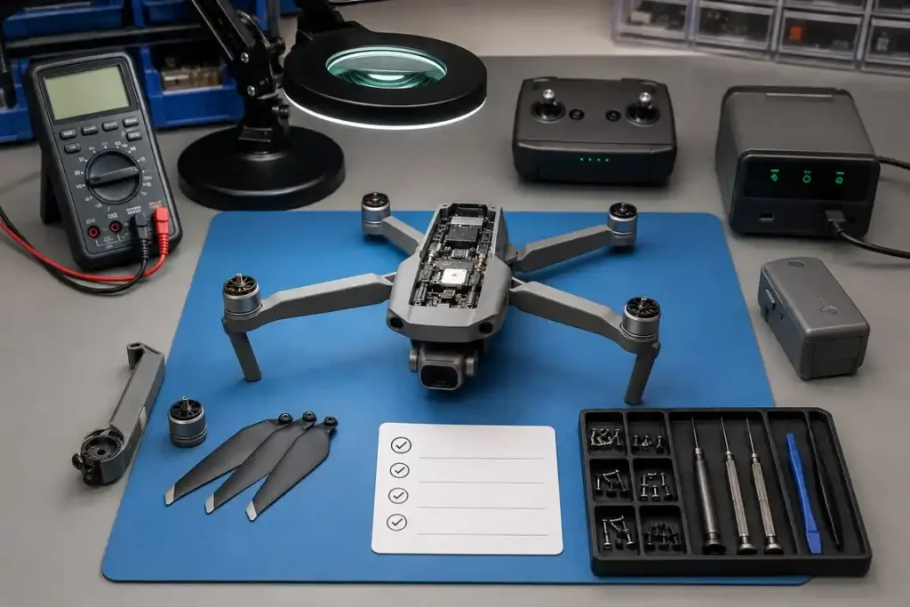 Open camera drone surrounded by diagnostic equipment, replacement parts and precision tools during a professional repair process in Gisborne.