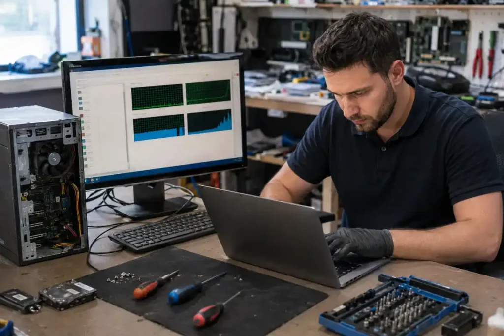 Computer technician diagnosing slow laptop and desktop performance problems in a real repair workshop