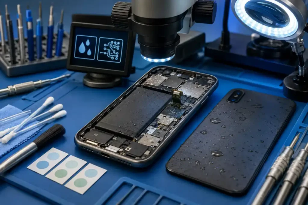 Water-damaged phone undergoing professional internal moisture inspection in Gisborne