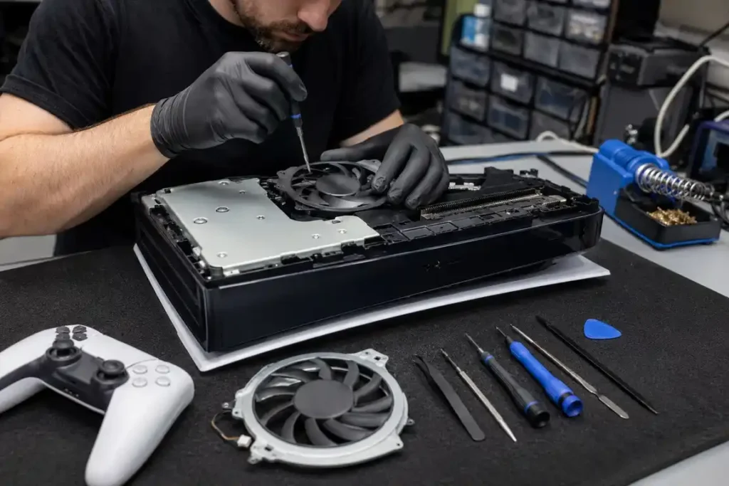 Technician repairing a PlayStation 5 console cooling fan in Gisborne