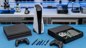 PS4, PS5 and Xbox-style gaming consoles arranged for professional repair and diagnostics in Gisborne