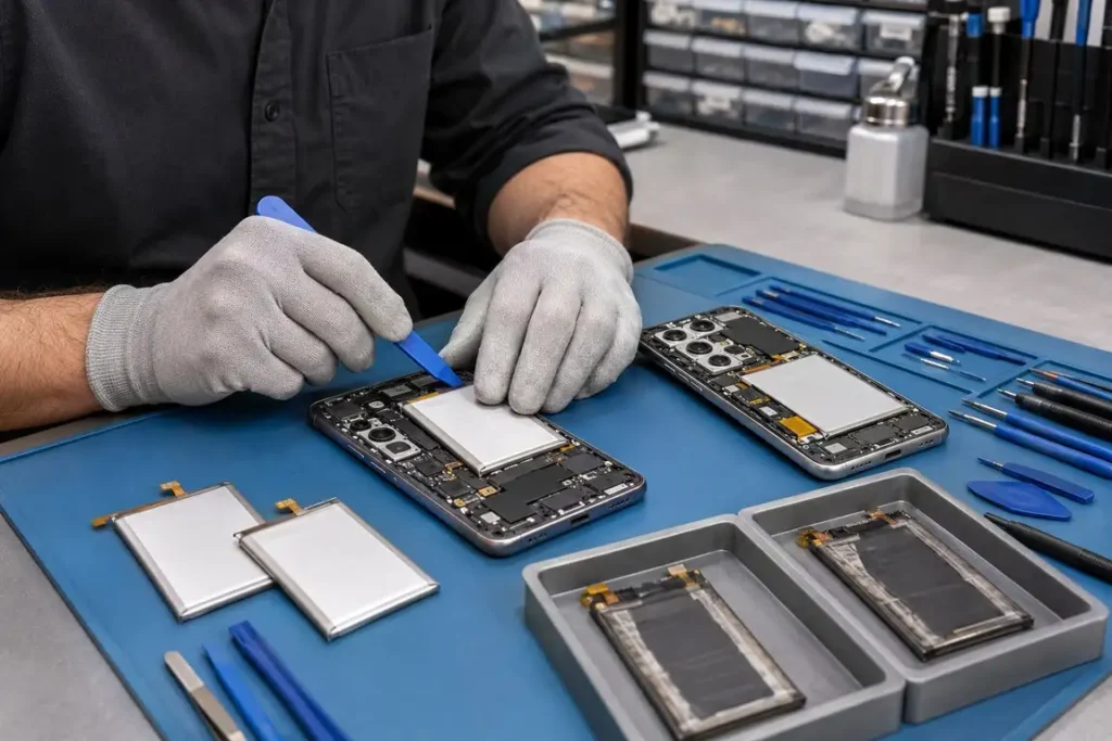 Technician safely replacing batteries in Samsung and Android-style smartphones.