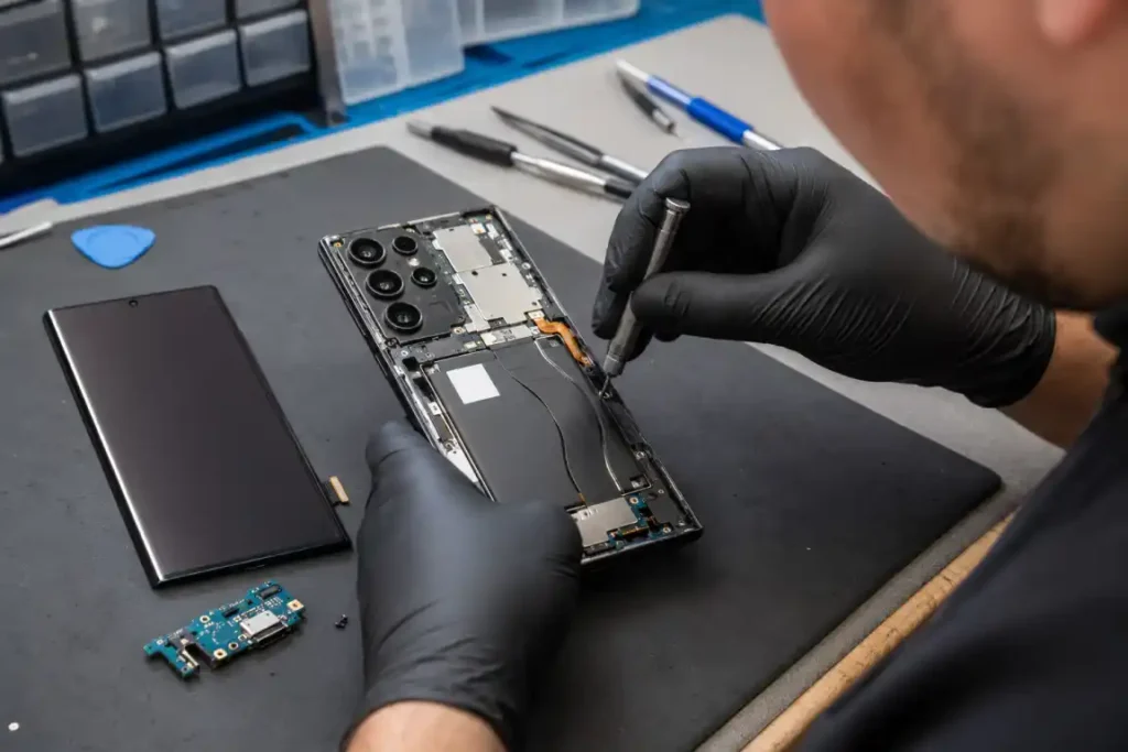 Technician repairing an opened Samsung Galaxy-style smartphone in Gisborne