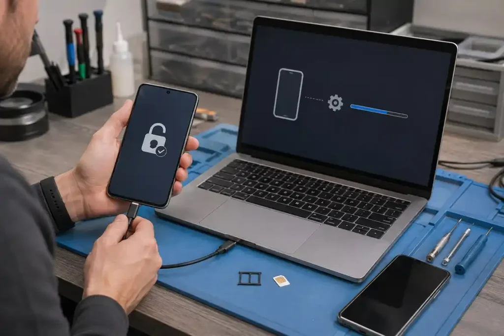 Technician providing authorised Samsung phone unlocking and account-recovery assistance.