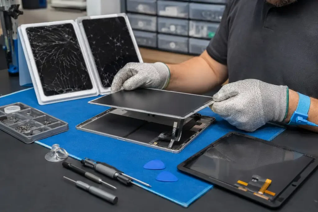 Technician safely installing a replacement screen on a tablet in a professional repair workshop.