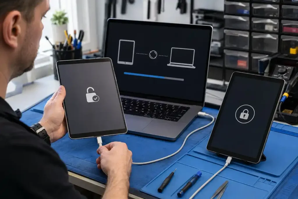 Technician providing authorised unlocking and recovery assistance for an iPad and Android tablet.