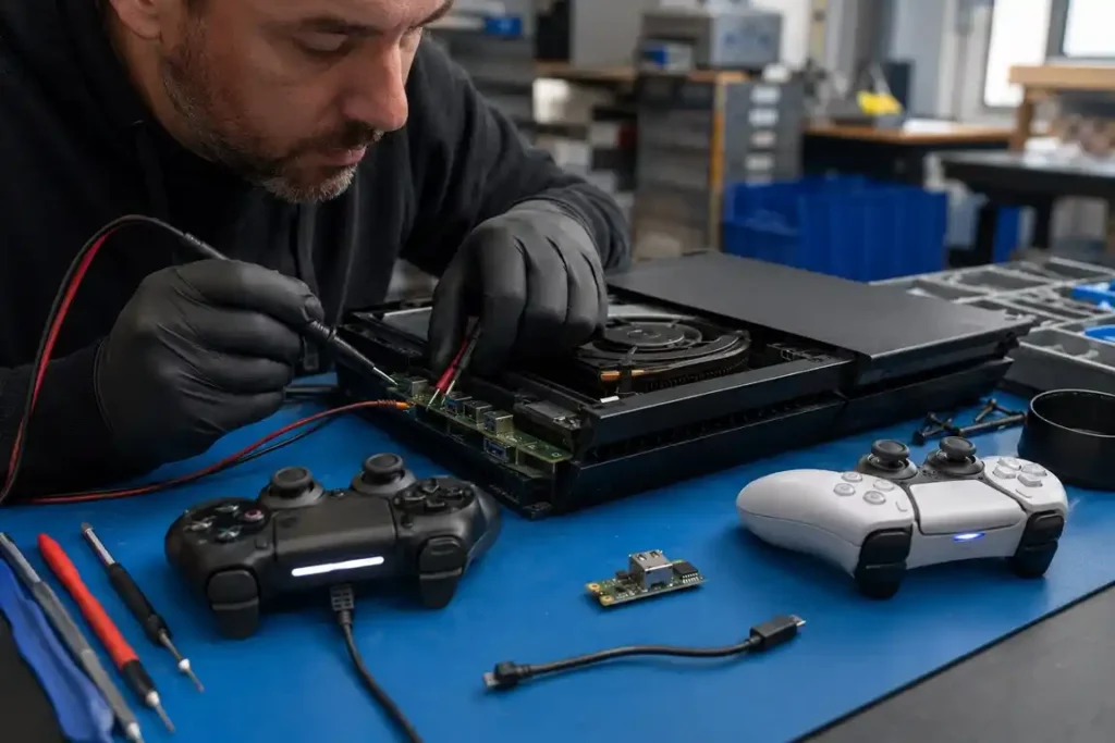 Technician diagnosing USB ports and controller connection problems on a gaming console.