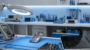 Water-damaged phone and tablet undergoing professional diagnostics in an electronics repair workshop
