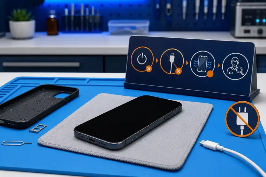Powered-off wet phone with disconnected charger and liquid-exposure safety guidance