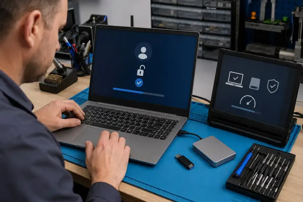 Technician providing authorised Windows laptop password-recovery and system-restoration assistance.