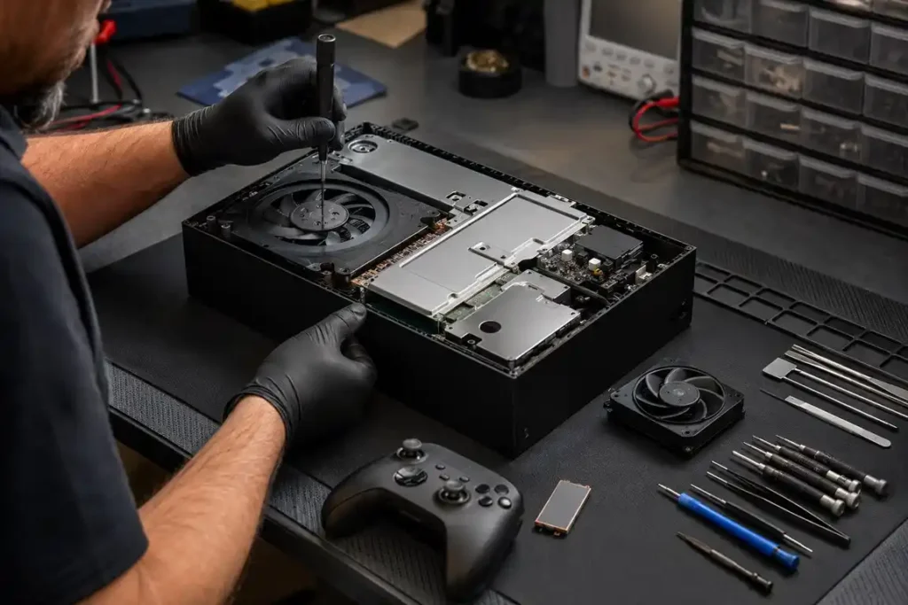 Technician repairing an opened Xbox gaming console at a workshop in Gisborne